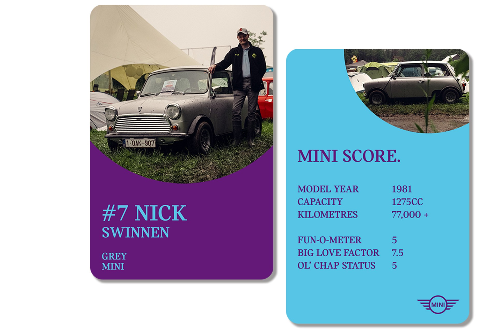 Front of playing card: Owner and MINI enthusiast Nick Swinnen poses next to his grey Classic Mini. Back of card: MINI SCORE: MODEL YEAR: 1981 / CAPACITY: 1275cc / KILOMETRES: 77,000+ / FUN-O-METER: 5 / BIG LOVE FACTOR: 7.5 / OL’ CHAP STATUS: 5